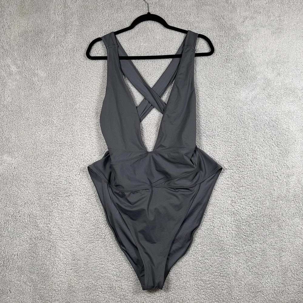 Skims NWT Recycled Swim Cut Out Plunge Monokini Swimsuit Size 4X Color Gunmetal